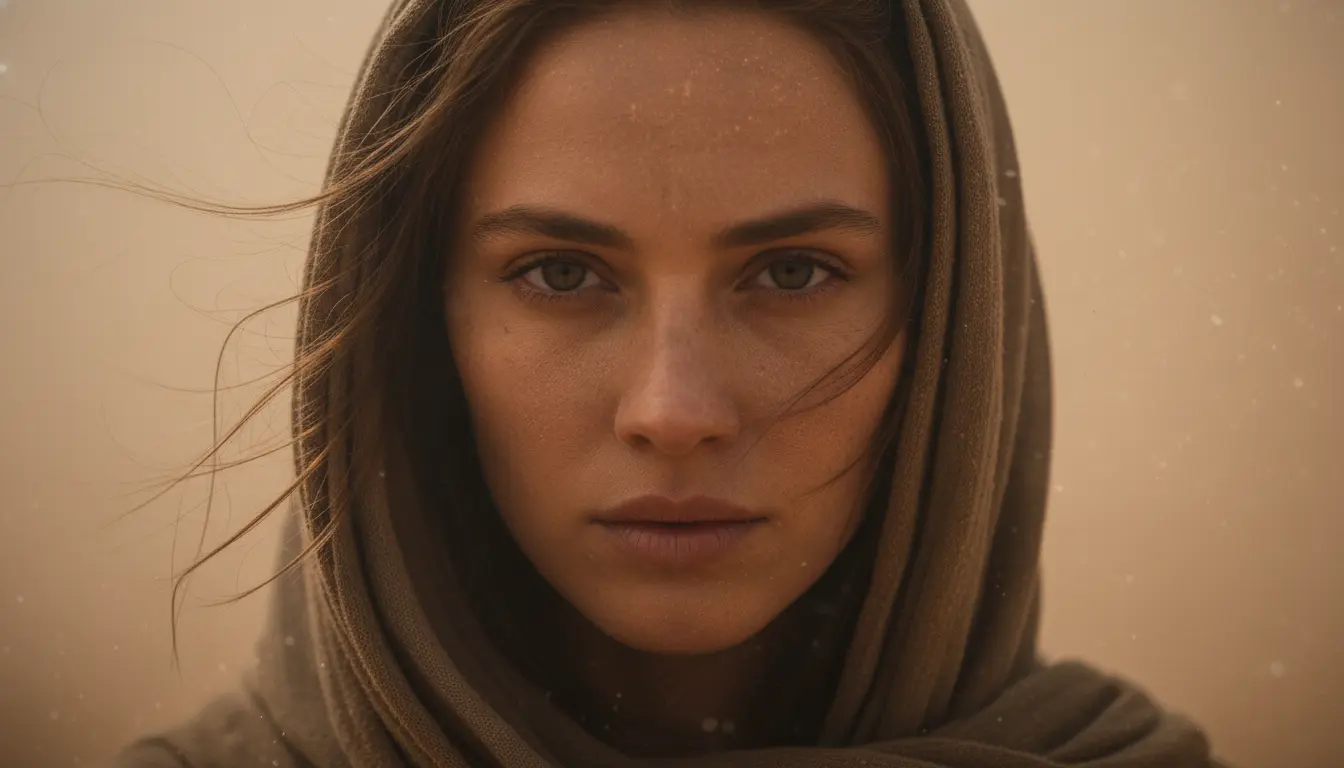 Solara — title still: a lone figure in layered desert robes against an ochre post-collapse landscape